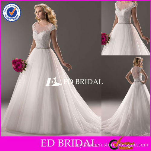B012 Latest Lace Applique Ball Gown Floor Length Long Royal Blue And White Wedding Dresses